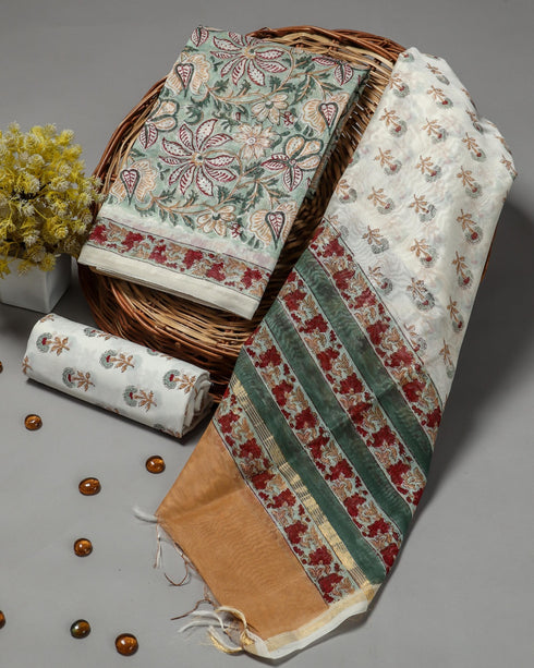 Elegant Hand Block Print Chanderi Silk Suit Set (CHA03)